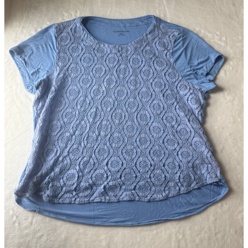 Croft & Barrow Blue Lace Floral Short Sleeve Blouse Round Neck XXL Feminine